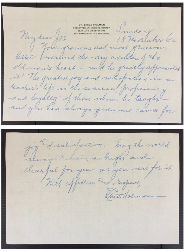 A handwritten note from Dr. Emile Holman to Dr. Ignatius. 